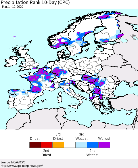 Europe Precipitation Rank 10-Day (CPC) Thematic Map For 3/1/2020 - 3/10/2020