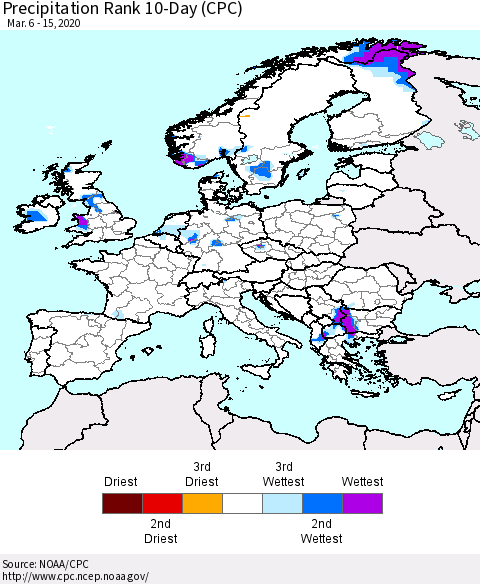 Europe Precipitation Rank 10-Day (CPC) Thematic Map For 3/6/2020 - 3/15/2020