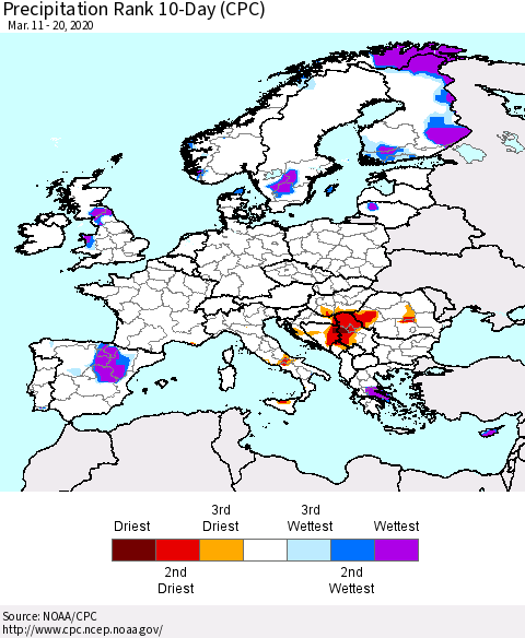 Europe Precipitation Rank 10-Day (CPC) Thematic Map For 3/11/2020 - 3/20/2020