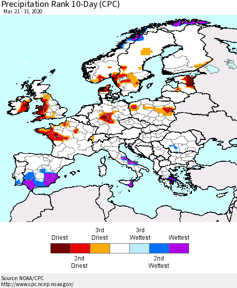 Europe Precipitation Rank since 1981, 10-Day (CPC) Thematic Map For 3/21/2020 - 3/31/2020