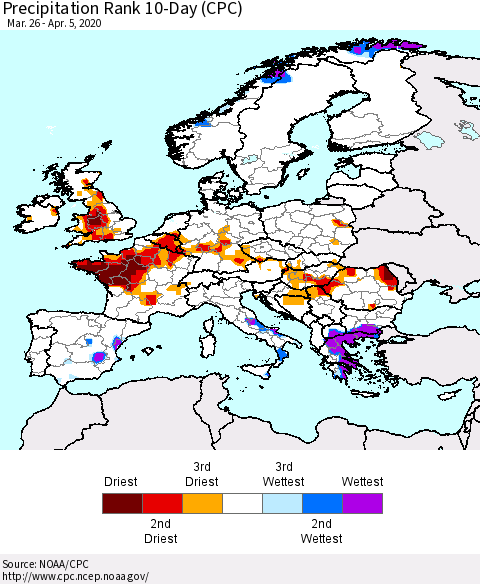 Europe Precipitation Rank 10-Day (CPC) Thematic Map For 3/26/2020 - 4/5/2020
