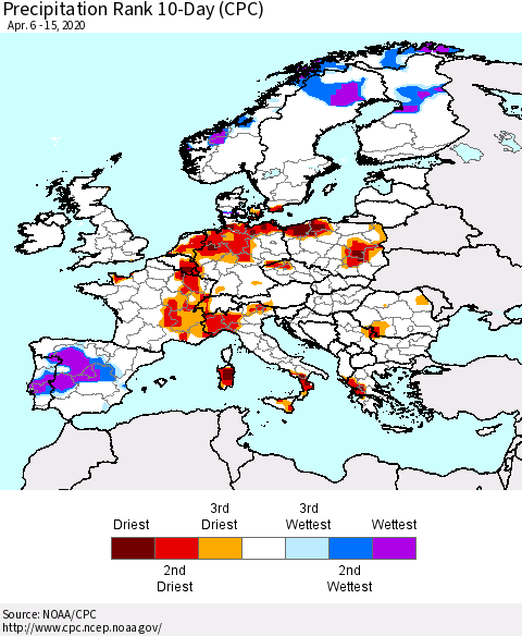Europe Precipitation Rank 10-Day (CPC) Thematic Map For 4/6/2020 - 4/15/2020