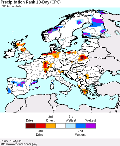 Europe Precipitation Rank 10-Day (CPC) Thematic Map For 4/11/2020 - 4/20/2020