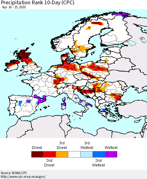 Europe Precipitation Rank since 1981, 10-Day (CPC) Thematic Map For 4/16/2020 - 4/25/2020