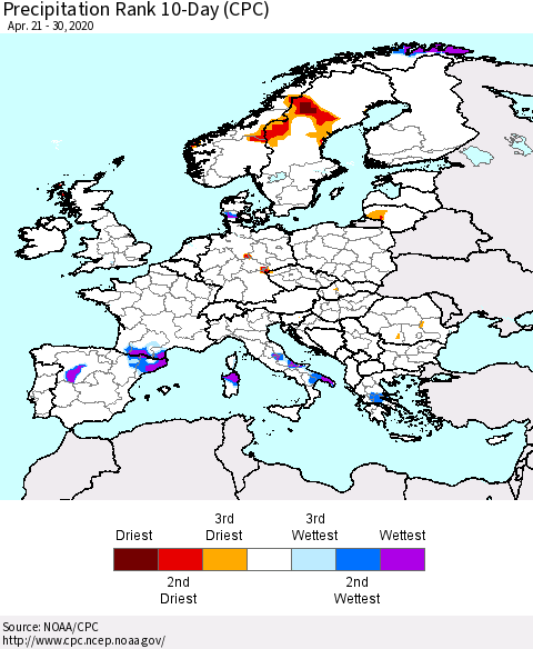 Europe Precipitation Rank since 1981, 10-Day (CPC) Thematic Map For 4/21/2020 - 4/30/2020