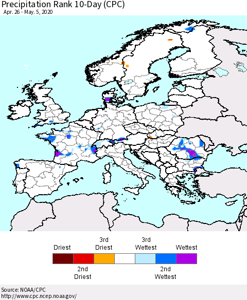 Europe Precipitation Rank 10-Day (CPC) Thematic Map For 4/26/2020 - 5/5/2020