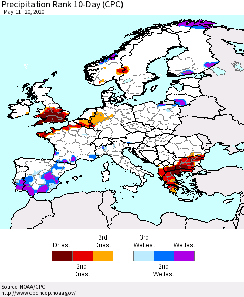 Europe Precipitation Rank 10-Day (CPC) Thematic Map For 5/11/2020 - 5/20/2020