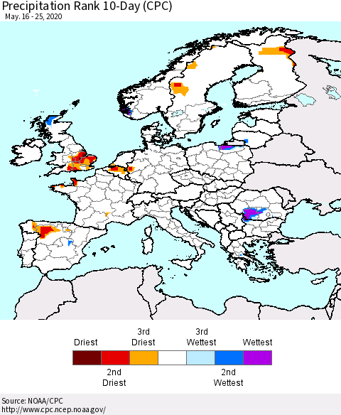 Europe Precipitation Rank since 1981, 10-Day (CPC) Thematic Map For 5/16/2020 - 5/25/2020
