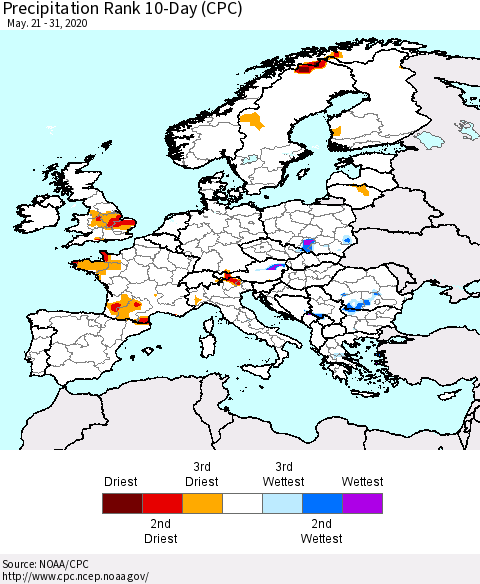 Europe Precipitation Rank since 1981, 10-Day (CPC) Thematic Map For 5/21/2020 - 5/31/2020