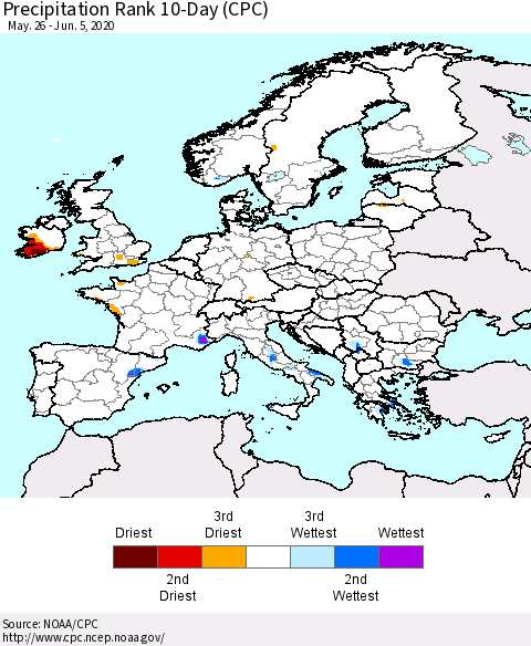 Europe Precipitation Rank 10-Day (CPC) Thematic Map For 5/26/2020 - 6/5/2020