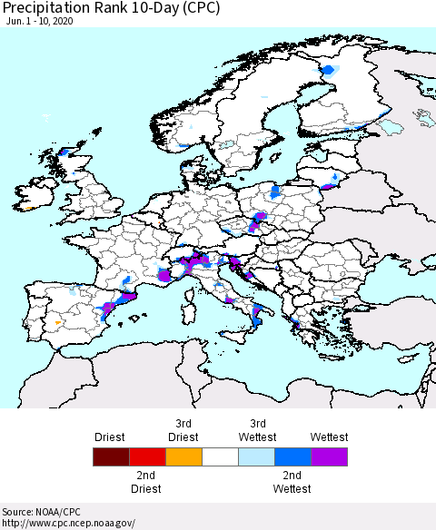Europe Precipitation Rank 10-Day (CPC) Thematic Map For 6/1/2020 - 6/10/2020