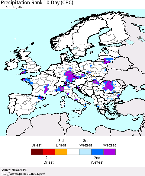 Europe Precipitation Rank 10-Day (CPC) Thematic Map For 6/6/2020 - 6/15/2020