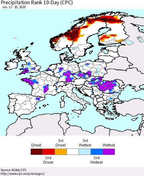Europe Precipitation Rank 10-Day (CPC) Thematic Map For 6/11/2020 - 6/20/2020