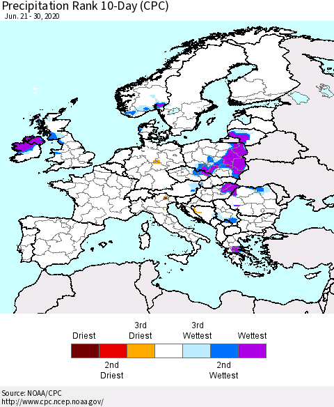 Europe Precipitation Rank 10-Day (CPC) Thematic Map For 6/21/2020 - 6/30/2020