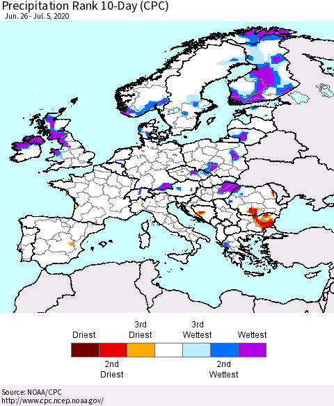 Europe Precipitation Rank 10-Day (CPC) Thematic Map For 6/26/2020 - 7/5/2020