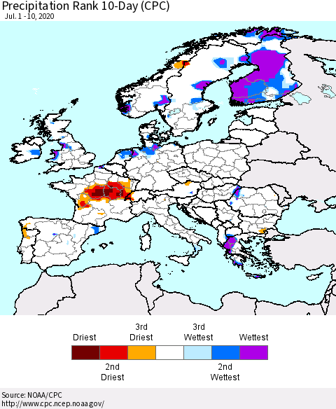 Europe Precipitation Rank since 1981, 10-Day (CPC) Thematic Map For 7/1/2020 - 7/10/2020