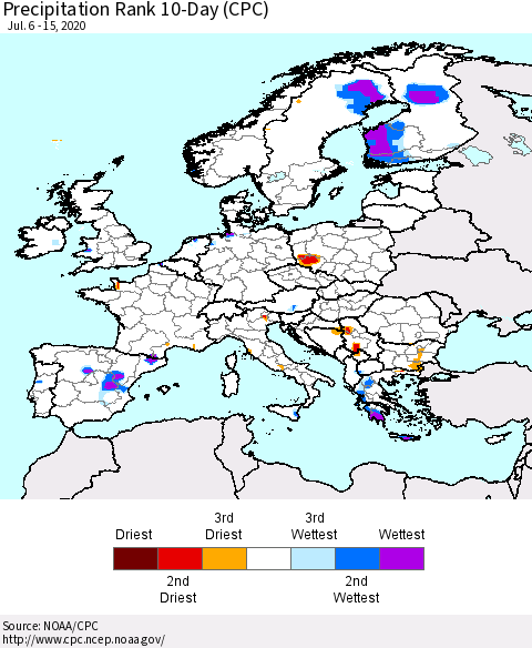 Europe Precipitation Rank 10-Day (CPC) Thematic Map For 7/6/2020 - 7/15/2020