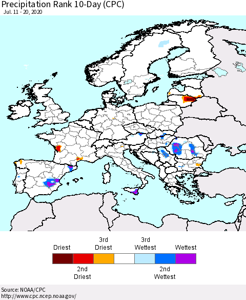 Europe Precipitation Rank 10-Day (CPC) Thematic Map For 7/11/2020 - 7/20/2020