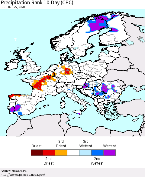 Europe Precipitation Rank since 1981, 10-Day (CPC) Thematic Map For 7/16/2020 - 7/25/2020