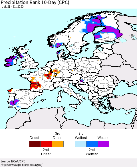 Europe Precipitation Rank 10-Day (CPC) Thematic Map For 7/21/2020 - 7/31/2020