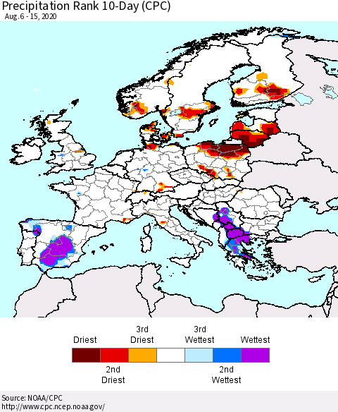 Europe Precipitation Rank 10-Day (CPC) Thematic Map For 8/6/2020 - 8/15/2020
