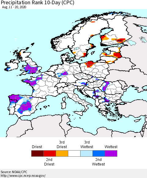 Europe Precipitation Rank 10-Day (CPC) Thematic Map For 8/11/2020 - 8/20/2020