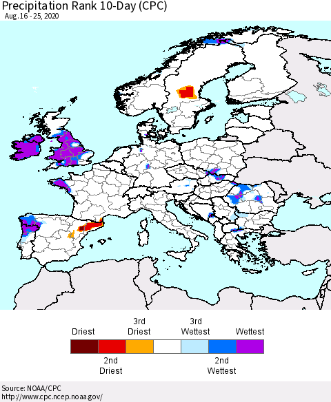 Europe Precipitation Rank 10-Day (CPC) Thematic Map For 8/16/2020 - 8/25/2020