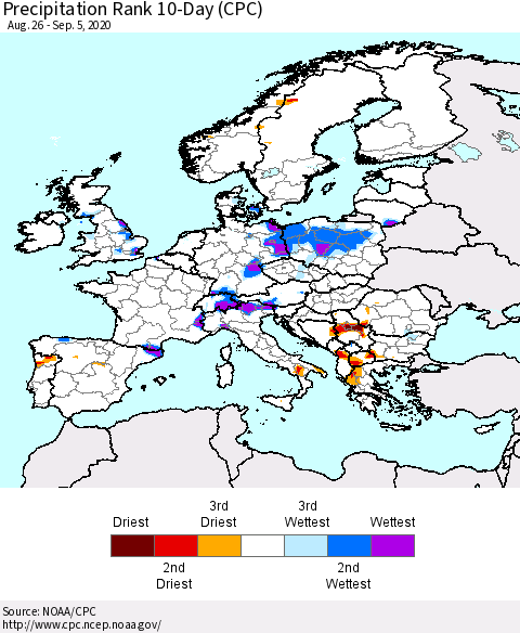 Europe Precipitation Rank 10-Day (CPC) Thematic Map For 8/26/2020 - 9/5/2020