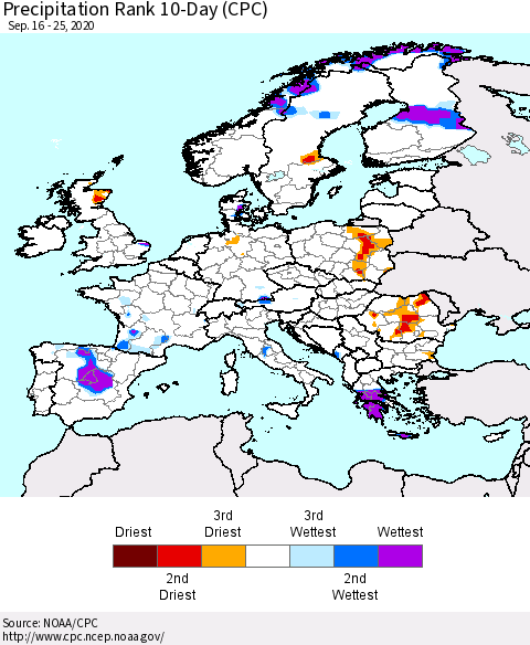 Europe Precipitation Rank since 1981, 10-Day (CPC) Thematic Map For 9/16/2020 - 9/25/2020