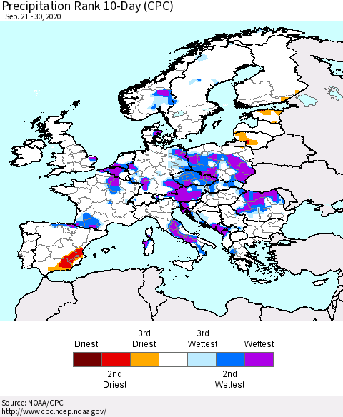 Europe Precipitation Rank 10-Day (CPC) Thematic Map For 9/21/2020 - 9/30/2020