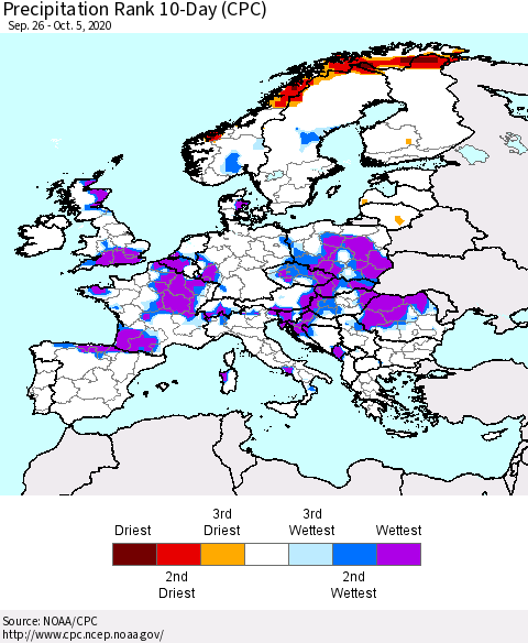 Europe Precipitation Rank 10-Day (CPC) Thematic Map For 9/26/2020 - 10/5/2020