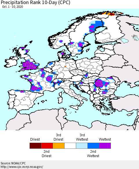 Europe Precipitation Rank 10-Day (CPC) Thematic Map For 10/1/2020 - 10/10/2020