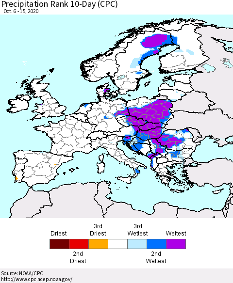 Europe Precipitation Rank 10-Day (CPC) Thematic Map For 10/6/2020 - 10/15/2020