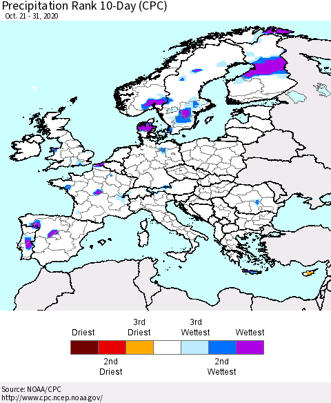 Europe Precipitation Rank 10-Day (CPC) Thematic Map For 10/21/2020 - 10/31/2020
