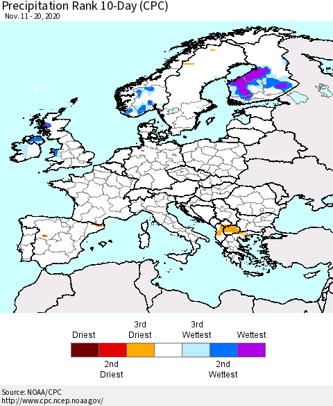 Europe Precipitation Rank 10-Day (CPC) Thematic Map For 11/11/2020 - 11/20/2020