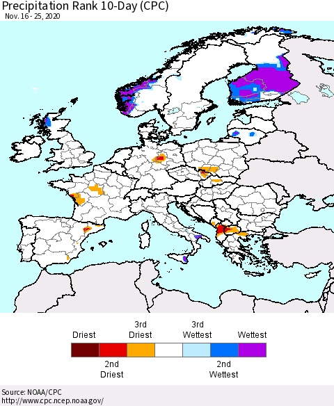 Europe Precipitation Rank 10-Day (CPC) Thematic Map For 11/16/2020 - 11/25/2020
