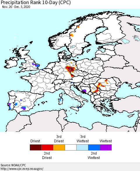 Europe Precipitation Rank 10-Day (CPC) Thematic Map For 11/26/2020 - 12/5/2020