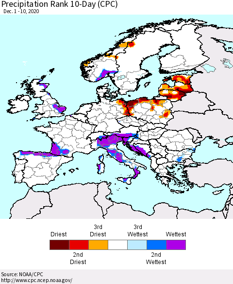 Europe Precipitation Rank since 1981, 10-Day (CPC) Thematic Map For 12/1/2020 - 12/10/2020