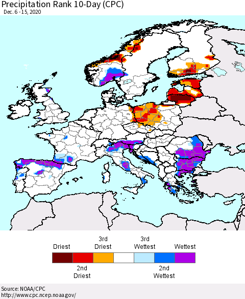 Europe Precipitation Rank 10-Day (CPC) Thematic Map For 12/6/2020 - 12/15/2020