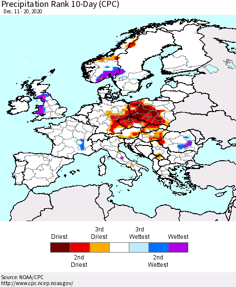 Europe Precipitation Rank 10-Day (CPC) Thematic Map For 12/11/2020 - 12/20/2020