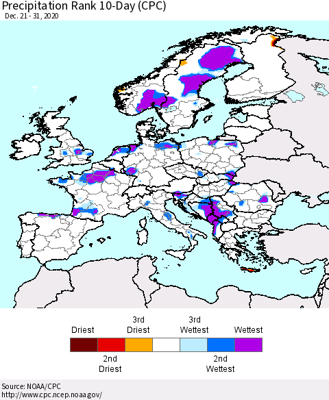 Europe Precipitation Rank 10-Day (CPC) Thematic Map For 12/21/2020 - 12/31/2020