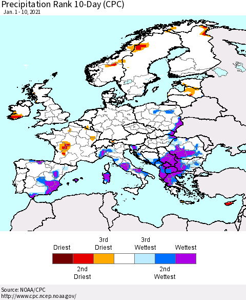 Europe Precipitation Rank 10-Day (CPC) Thematic Map For 1/1/2021 - 1/10/2021