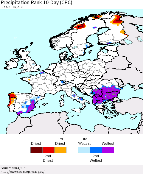 Europe Precipitation Rank since 1981, 10-Day (CPC) Thematic Map For 1/6/2021 - 1/15/2021