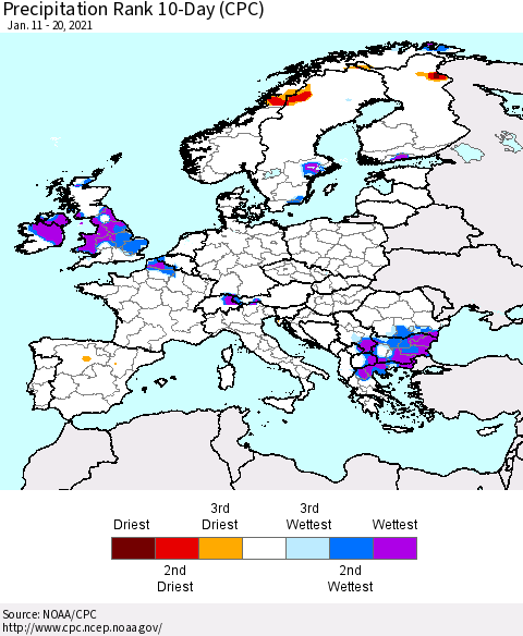 Europe Precipitation Rank since 1981, 10-Day (CPC) Thematic Map For 1/11/2021 - 1/20/2021