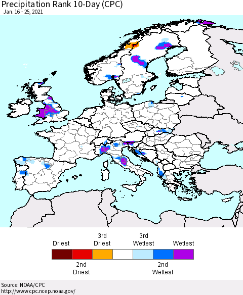 Europe Precipitation Rank 10-Day (CPC) Thematic Map For 1/16/2021 - 1/25/2021