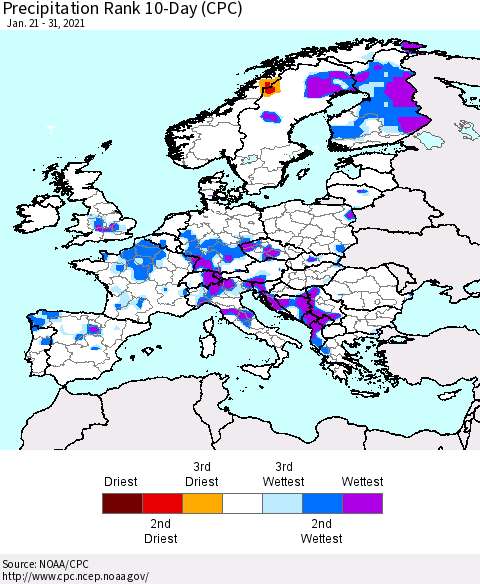 Europe Precipitation Rank 10-Day (CPC) Thematic Map For 1/21/2021 - 1/31/2021