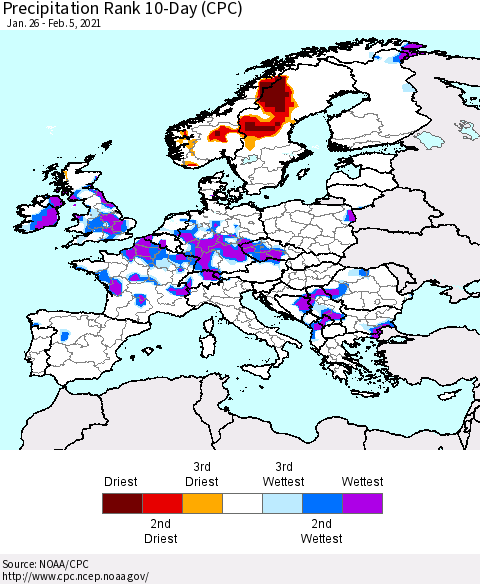 Europe Precipitation Rank 10-Day (CPC) Thematic Map For 1/26/2021 - 2/5/2021