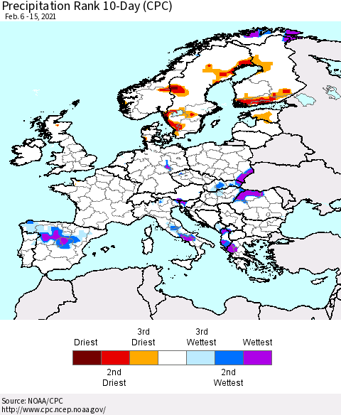 Europe Precipitation Rank since 1981, 10-Day (CPC) Thematic Map For 2/6/2021 - 2/15/2021