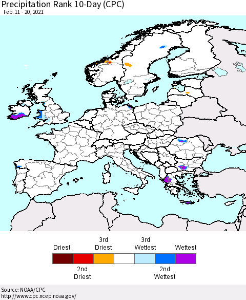 Europe Precipitation Rank 10-Day (CPC) Thematic Map For 2/11/2021 - 2/20/2021