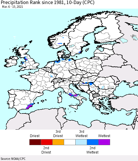 Europe Precipitation Rank since 1981, 10-Day (CPC) Thematic Map For 3/6/2021 - 3/15/2021